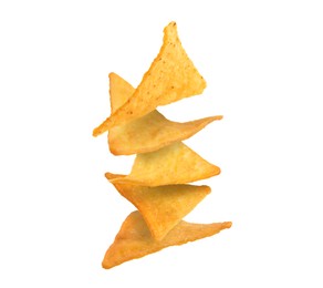 Stack of tasty tortilla chips on white background