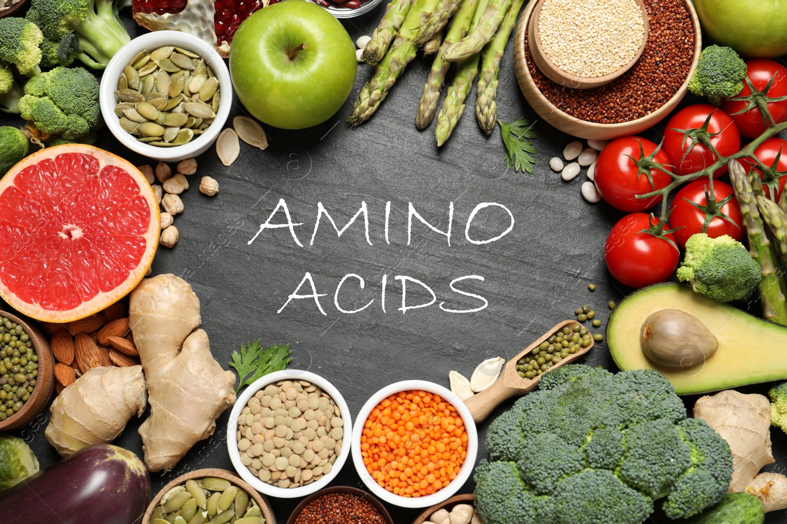 Image of Frame of fresh vegetables, fruits and seeds on black table, flat lay. Sources of essential amino acids