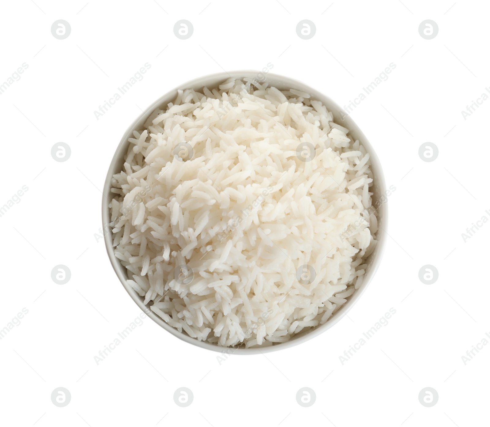 Photo of Bowl of tasty cooked rice on white background, top view