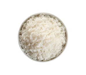 Photo of Bowl of tasty cooked rice on white background, top view