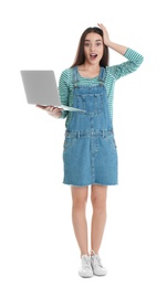 Photo of Full length portrait shocked of young woman in casual outfit with laptop on white background