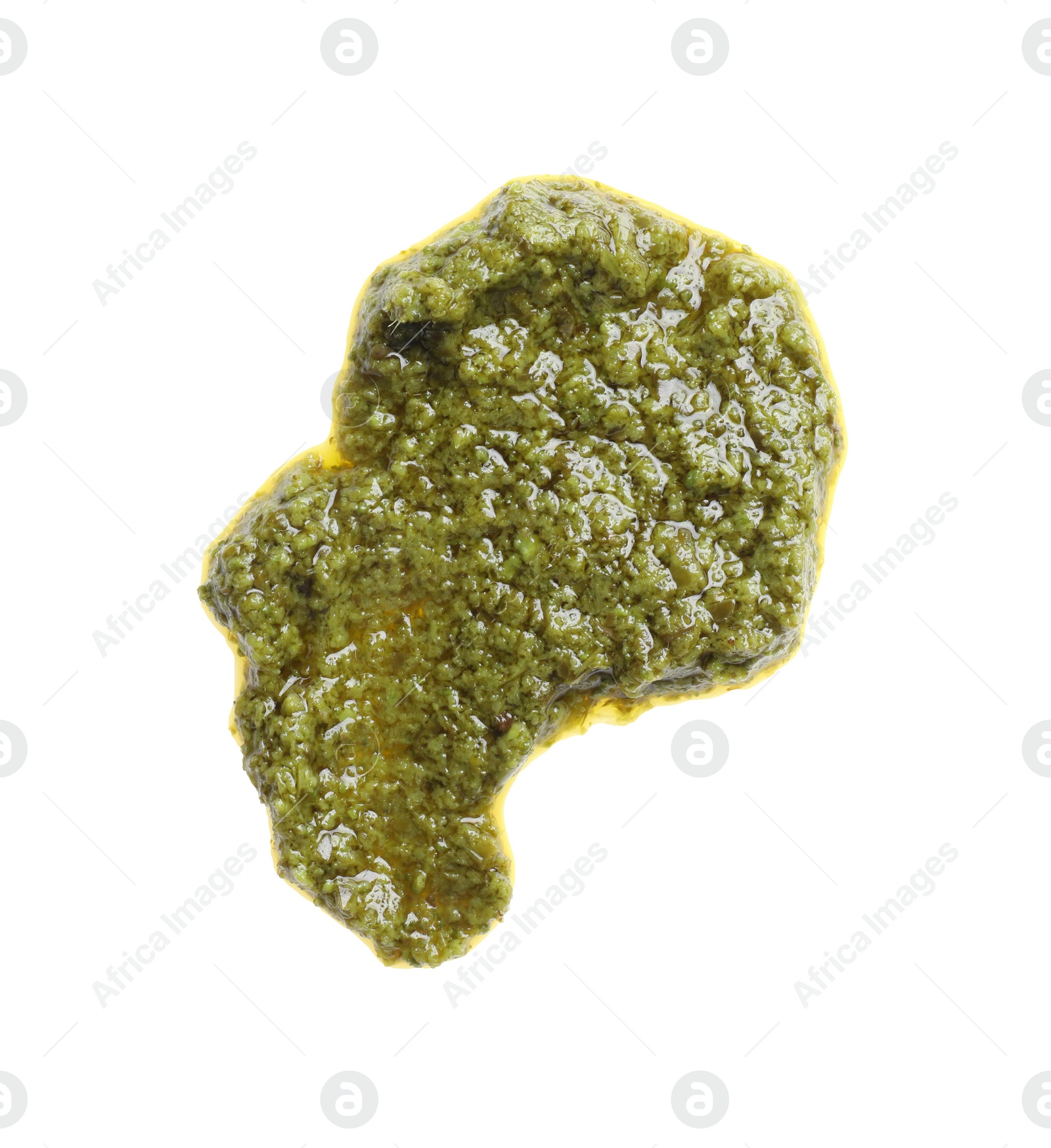 Photo of Sample of tasty pesto sauce isolated on white, top view