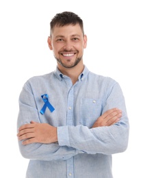 Man with blue ribbon on white background. Urology cancer awareness