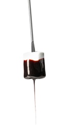 Photo of Tasty marshmallow dipped into chocolate fondue on white background