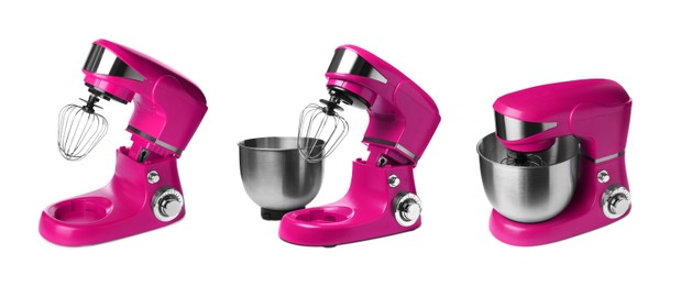 Image of Pink stand mixers isolated on white, set