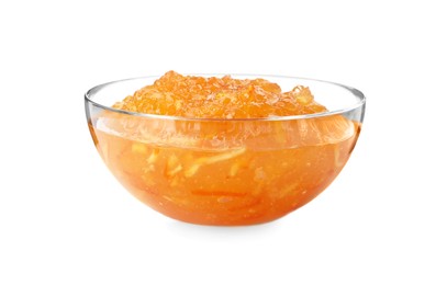 Photo of Delicious orange marmalade in bowl on white background