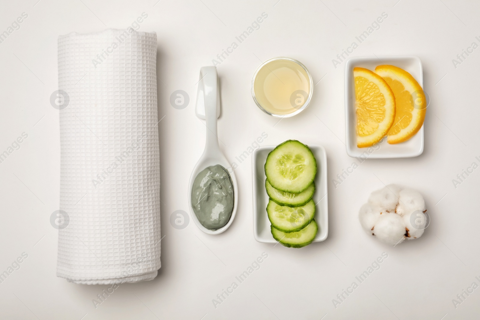 Photo of Fresh ingredients for homemade effective acne remedy on white background