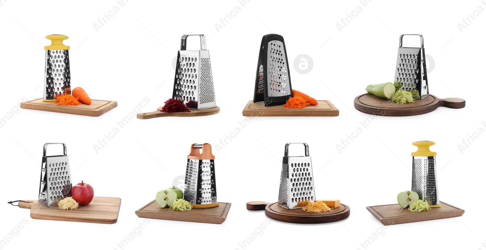 Image of Set with stainless steel graters and fresh products on white background. Banner design