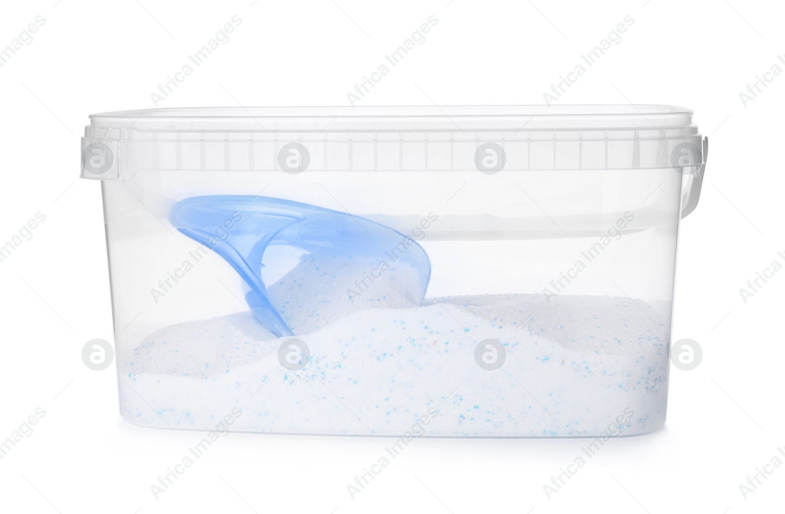 Photo of Plastic container with laundry powder and measuring cup isolated on white