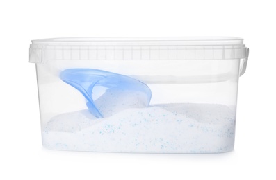 Plastic container with laundry powder and measuring cup isolated on white