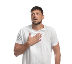 Photo of Man suffering from pain during breathing on white background