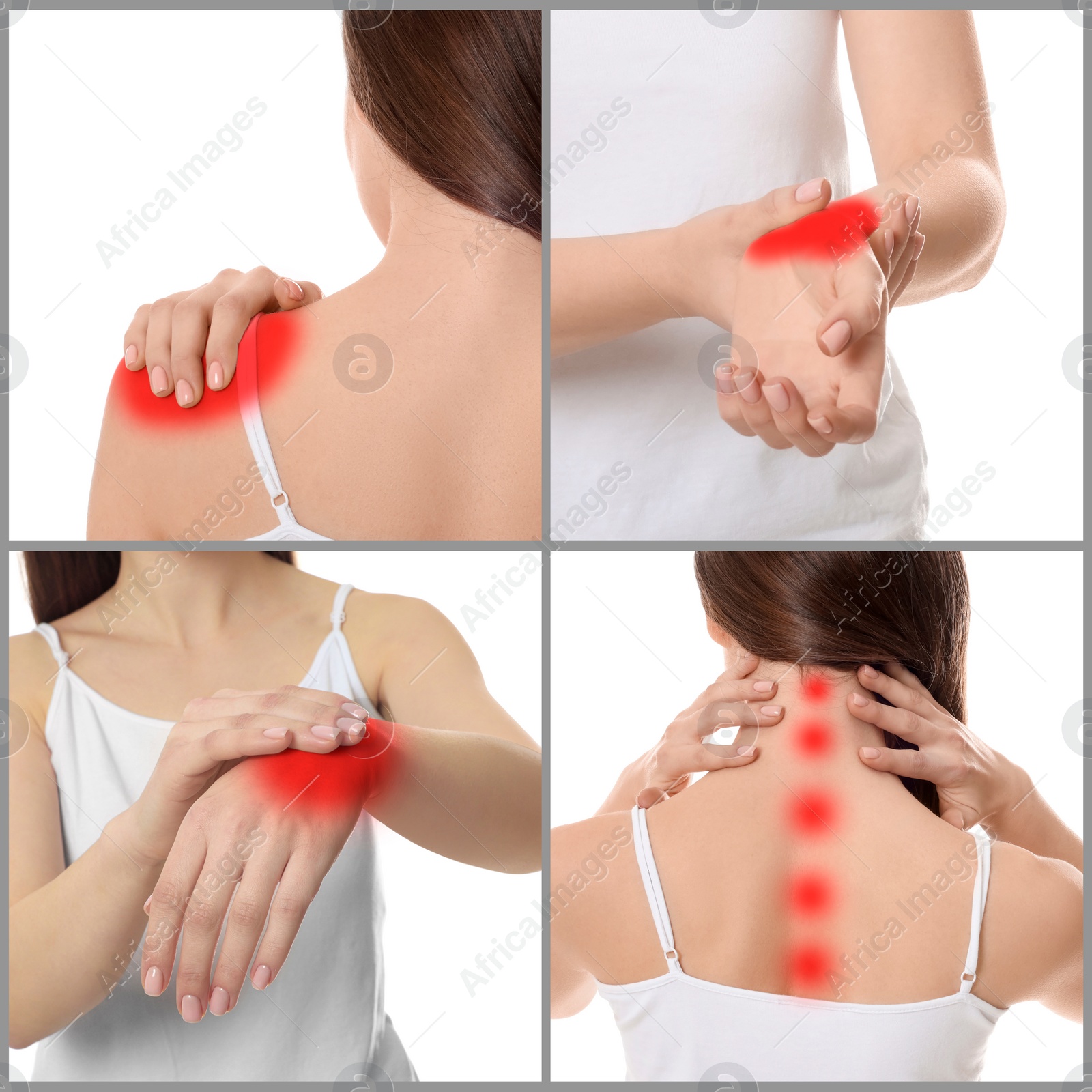 Image of Woman suffering from rheumatism. Collage of photos