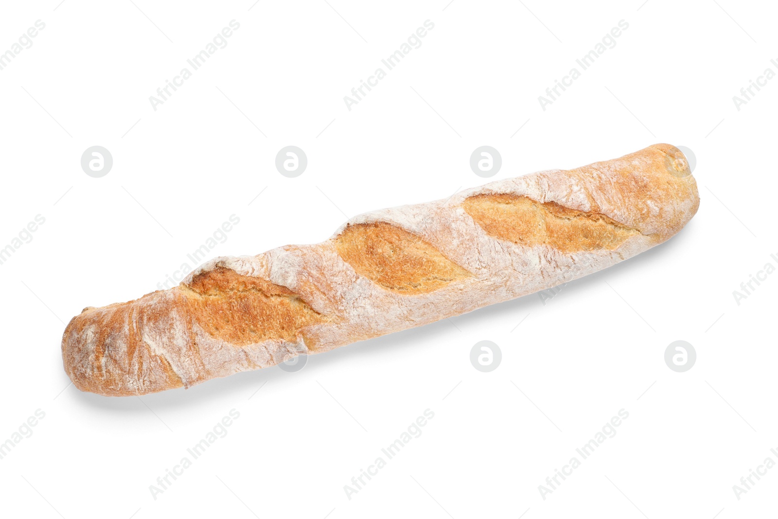 Photo of Crispy French baguette isolated on white. Fresh bread