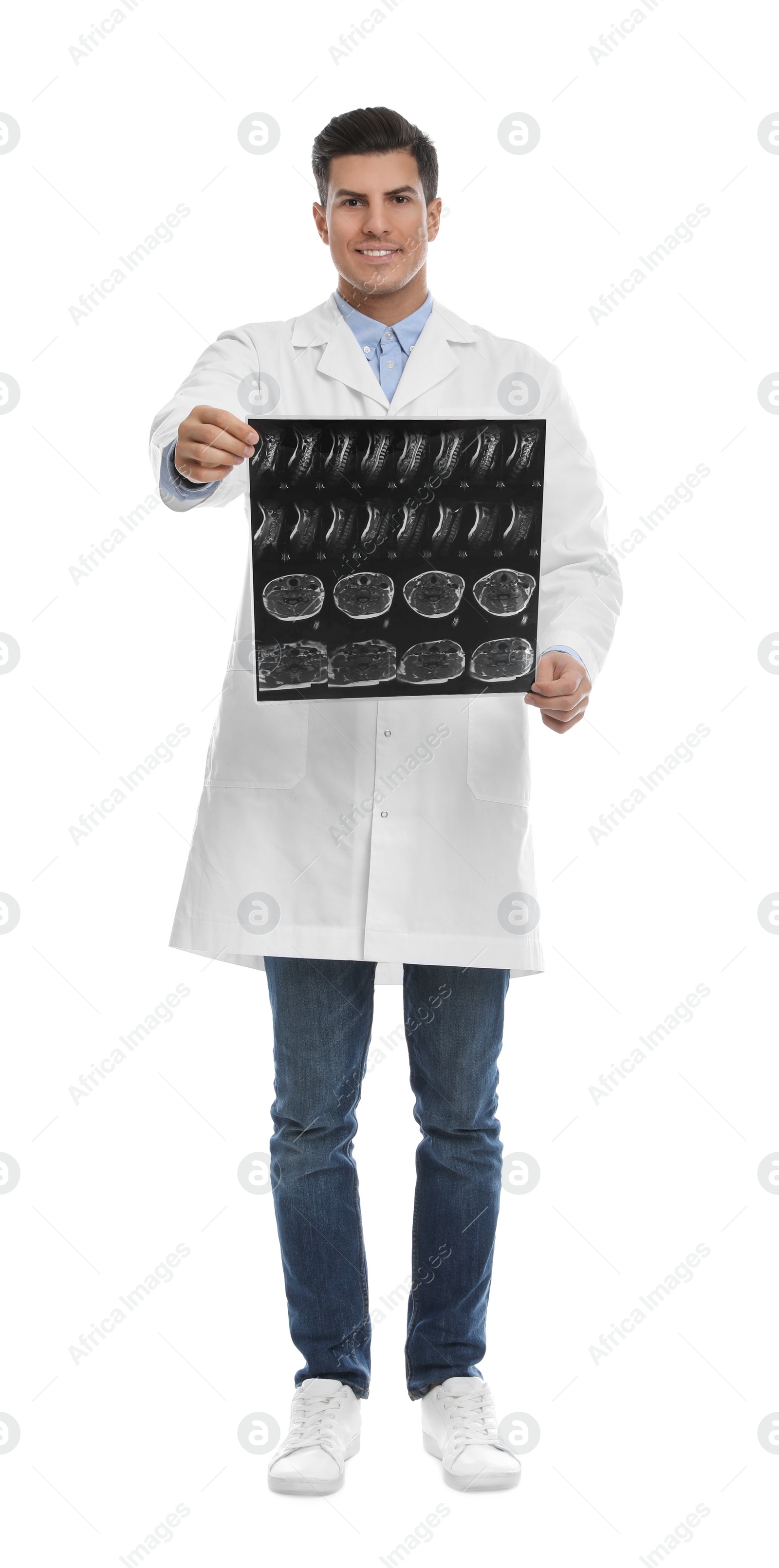 Photo of Orthopedist holding X-ray picture on white background