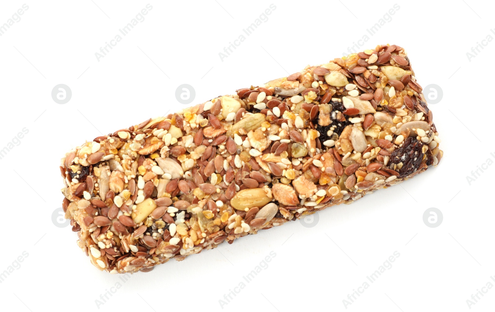 Photo of Tasty protein bar on white background, top view