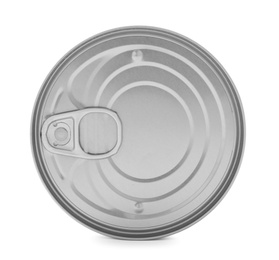 Closed tin can of food isolated on white