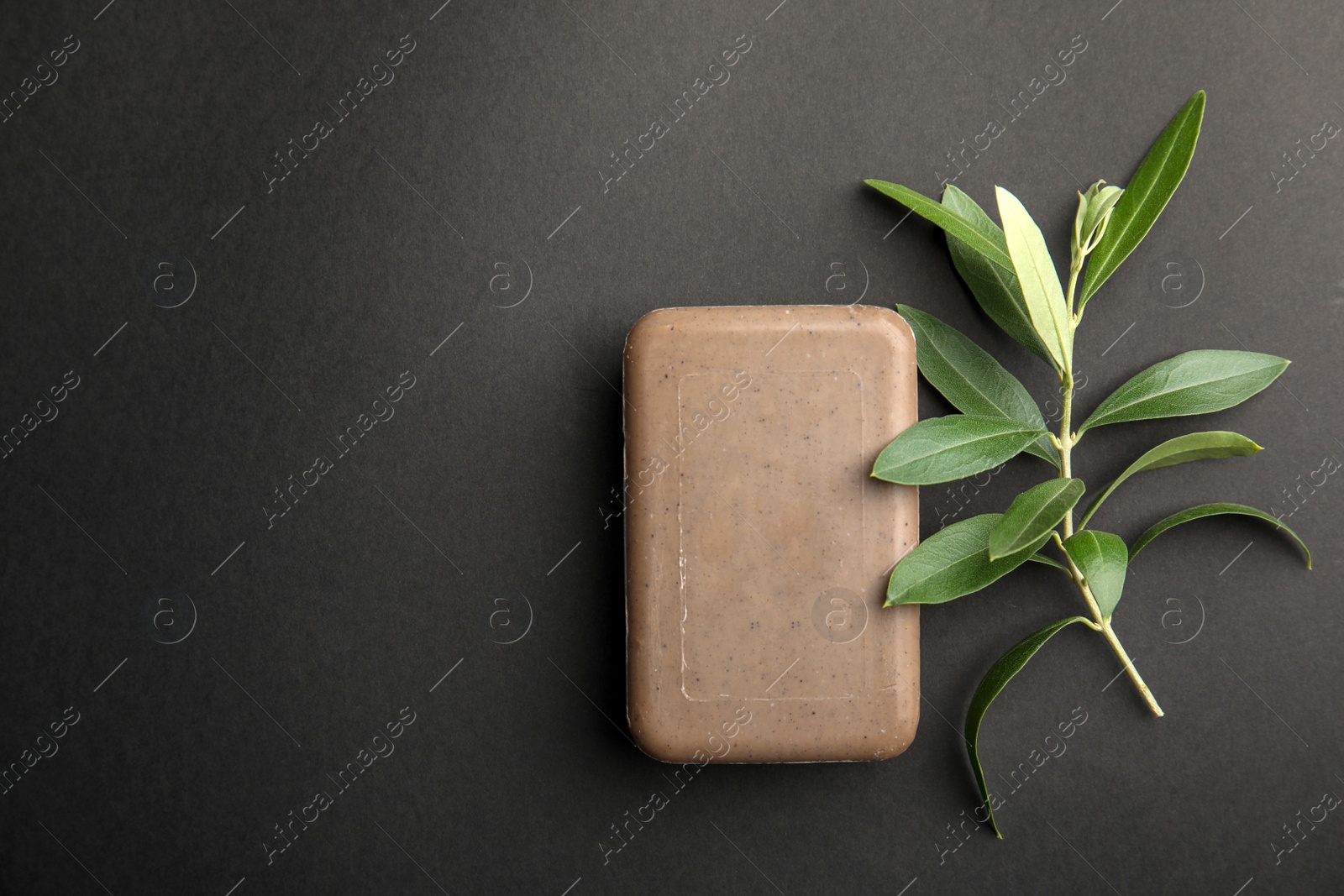 Photo of Olive twig, soap bar and space for text on black background, top view