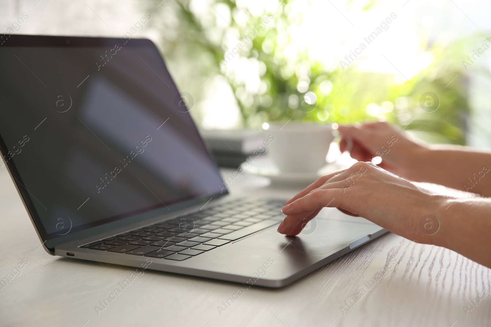 Photo of Woman working with modern laptop at white wooden table, closeup