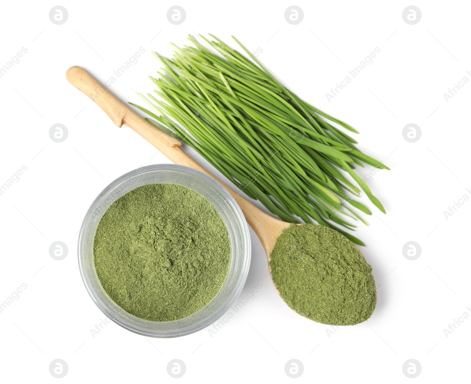 Photo of Wheat grass powder and fresh sprouts isolated on white, top view