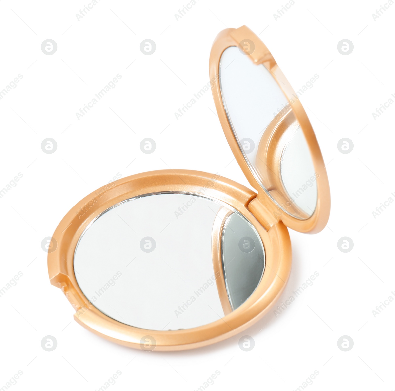 Photo of Stylish gold pocket mirror on white background