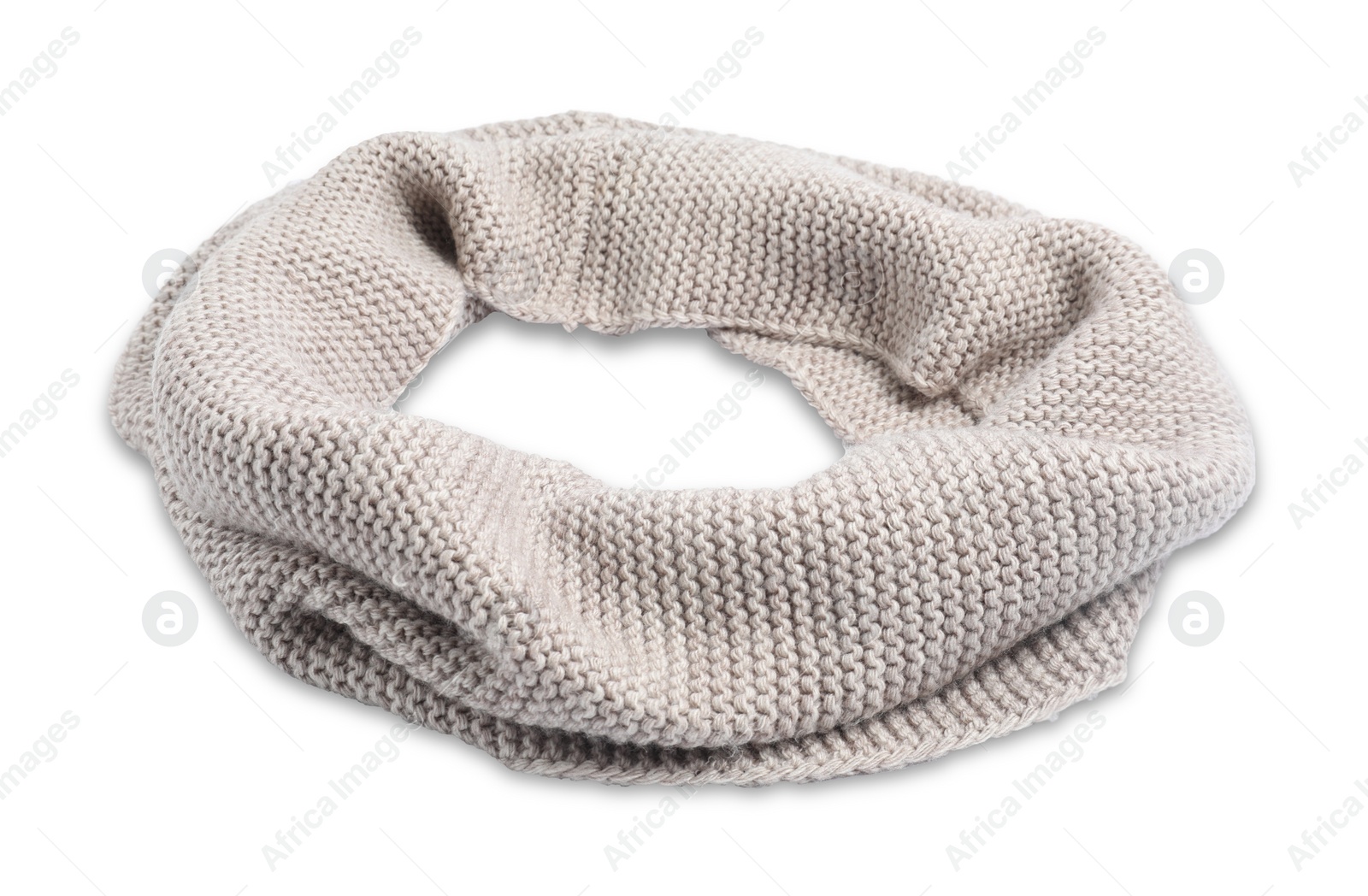 Photo of One beige knitted scarf on white background
