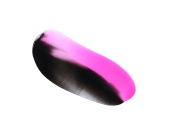 Photo of Pink and black paint samples on white background, top view