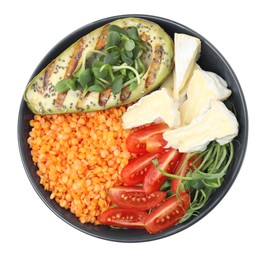 Photo of Delicious lentil bowl with soft cheese, avocado and tomatoes on white background, top view