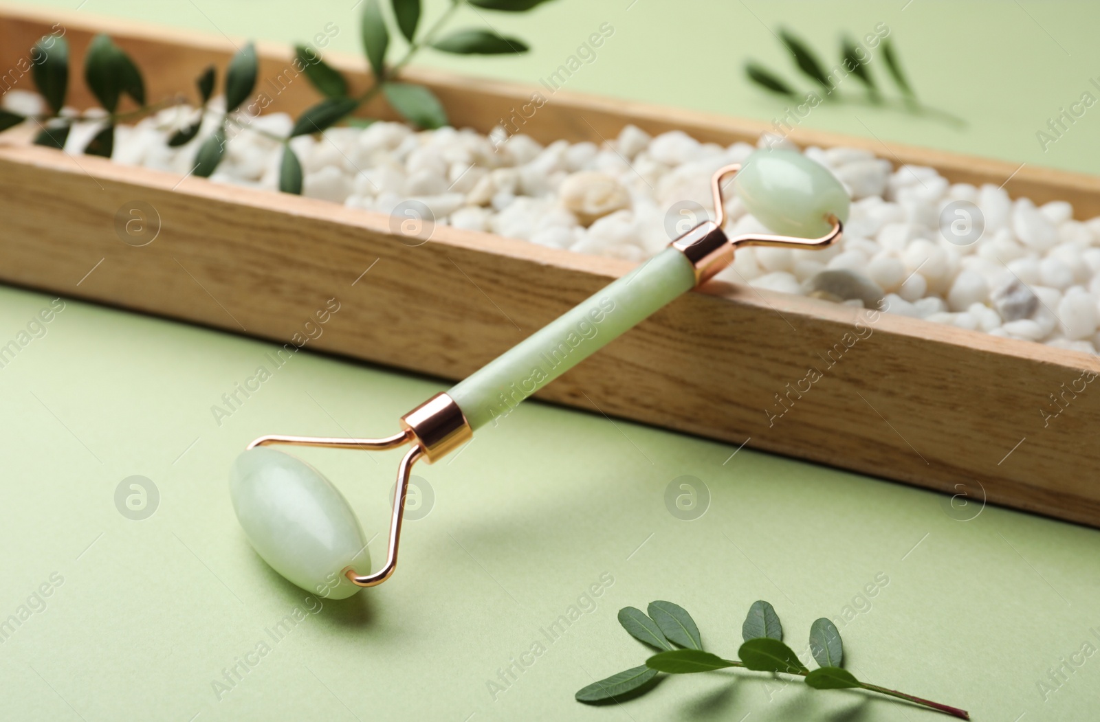 Photo of Natural face roller, stones and leaves on green background