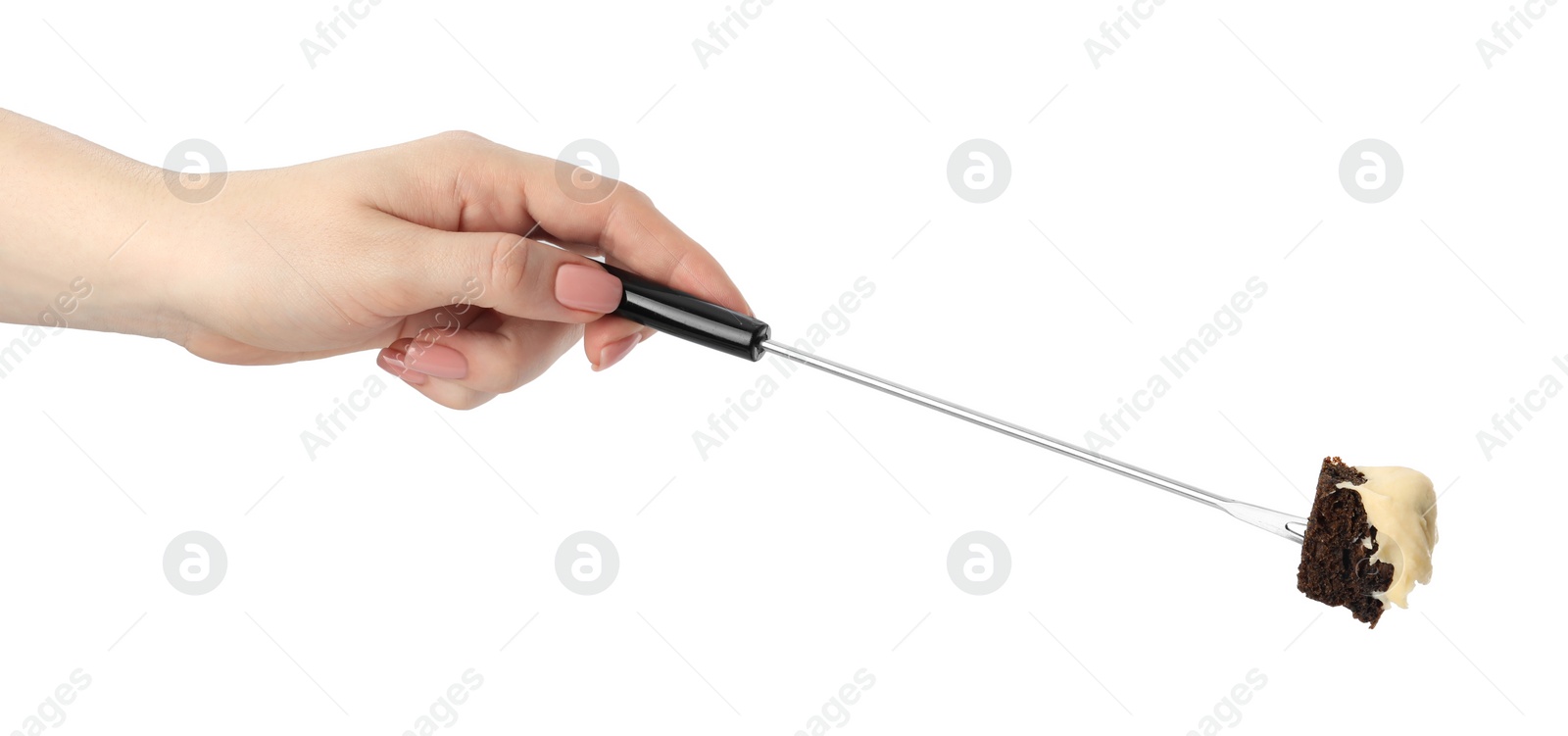 Photo of Tasty fondue. Woman holding fork with piece of bread and melted cheese on white background, closeup