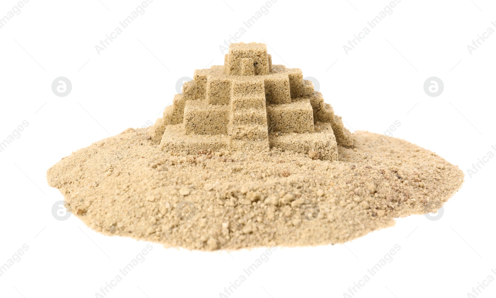 Photo of Pile of sand with beautiful castle isolated on white. Outdoor play