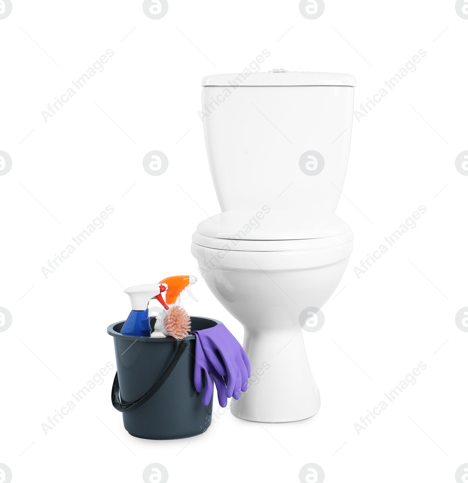 Photo of Toilet bowl and bucket with cleaning supplies on white background