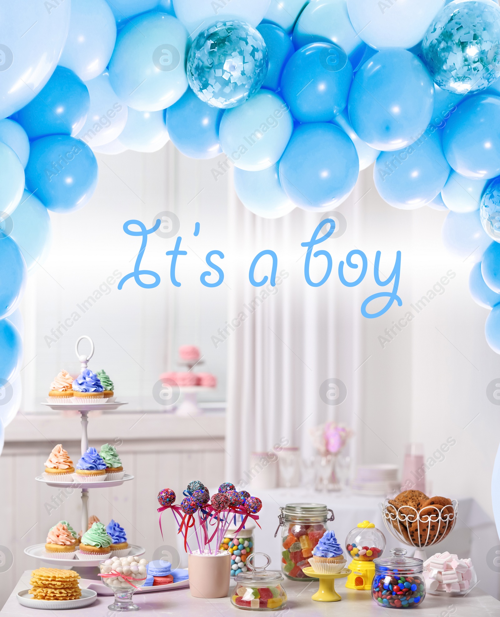 Image of Baby shower party for boy. Tasty treats on table in room decorated with balloons 