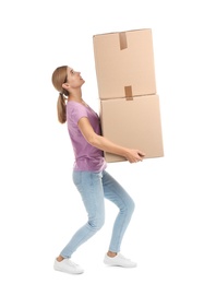 Photo of Full length portrait of woman carrying carton boxes on white background. Posture concept