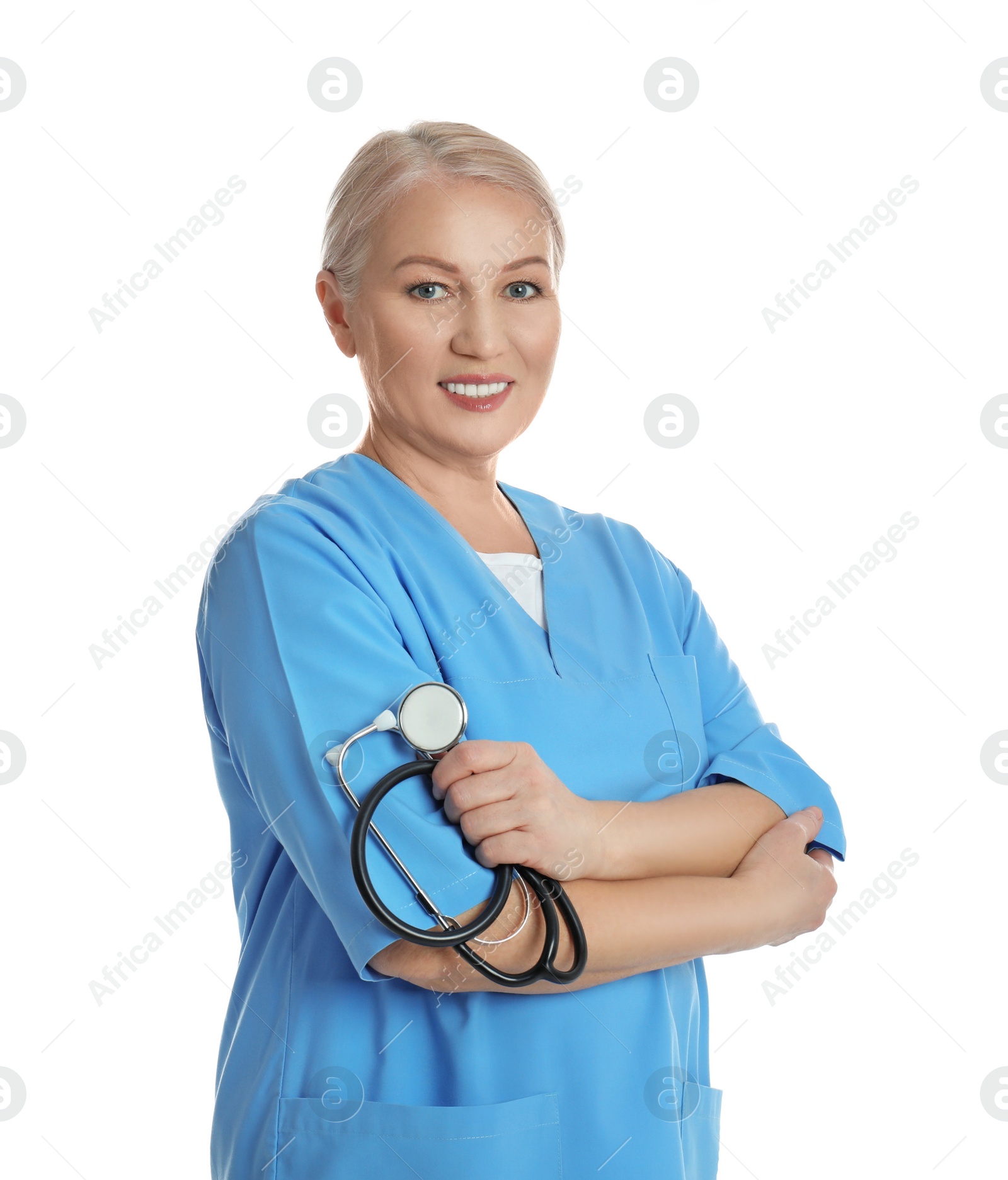 Photo of Portrait of mature doctor with stethoscope on white background