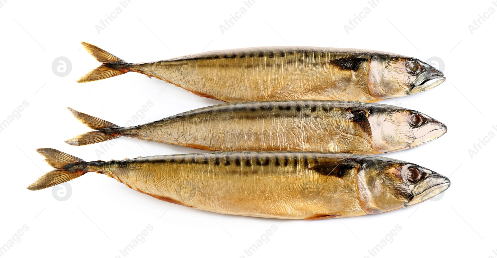 Photo of Tasty smoked mackerel fish isolated on white, top view