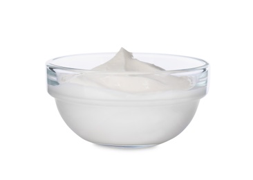 Glass bowl with sour cream isolated on white