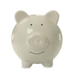 Photo of Piggy bank isolated on white. Saving money