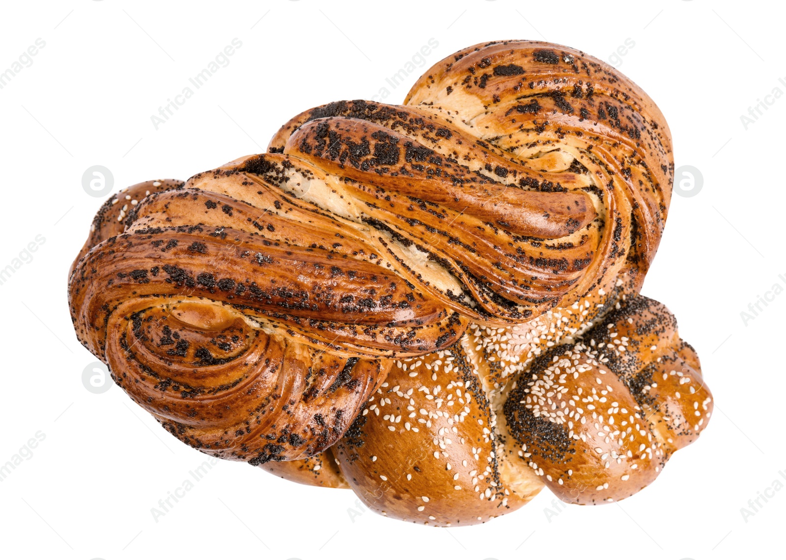 Photo of Different delicious fresh pastries on white background, top view