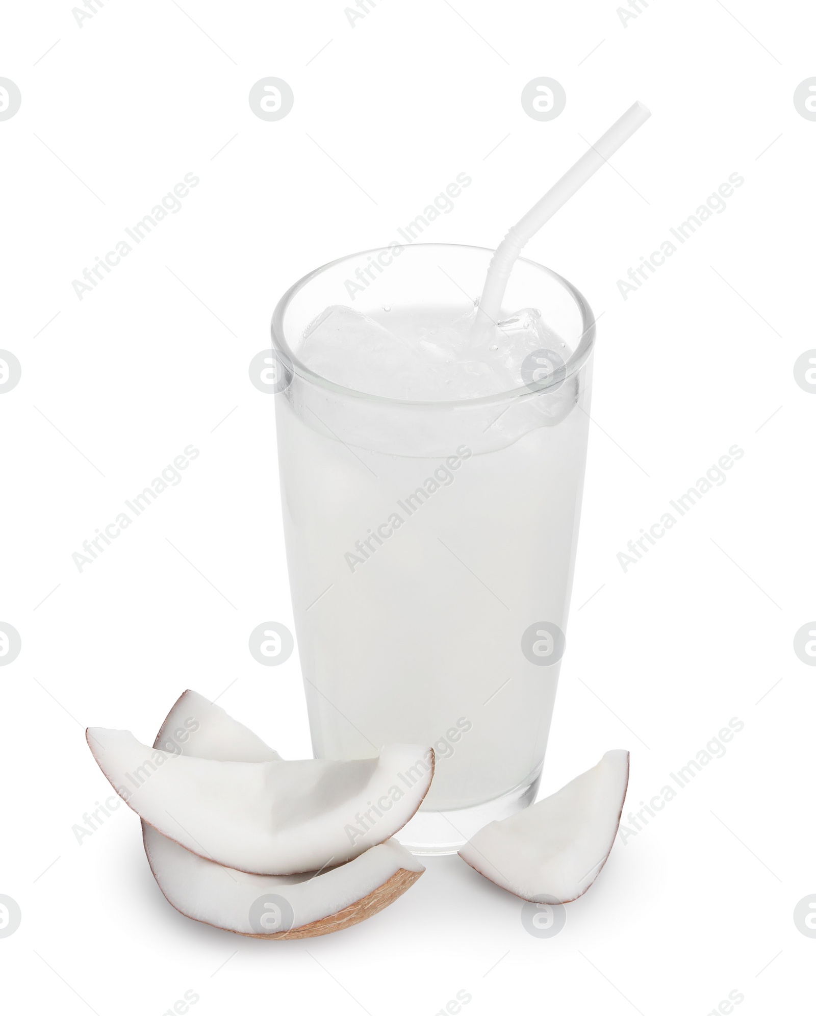 Photo of Glass of coconut water, ice cubes and nut isolated on white