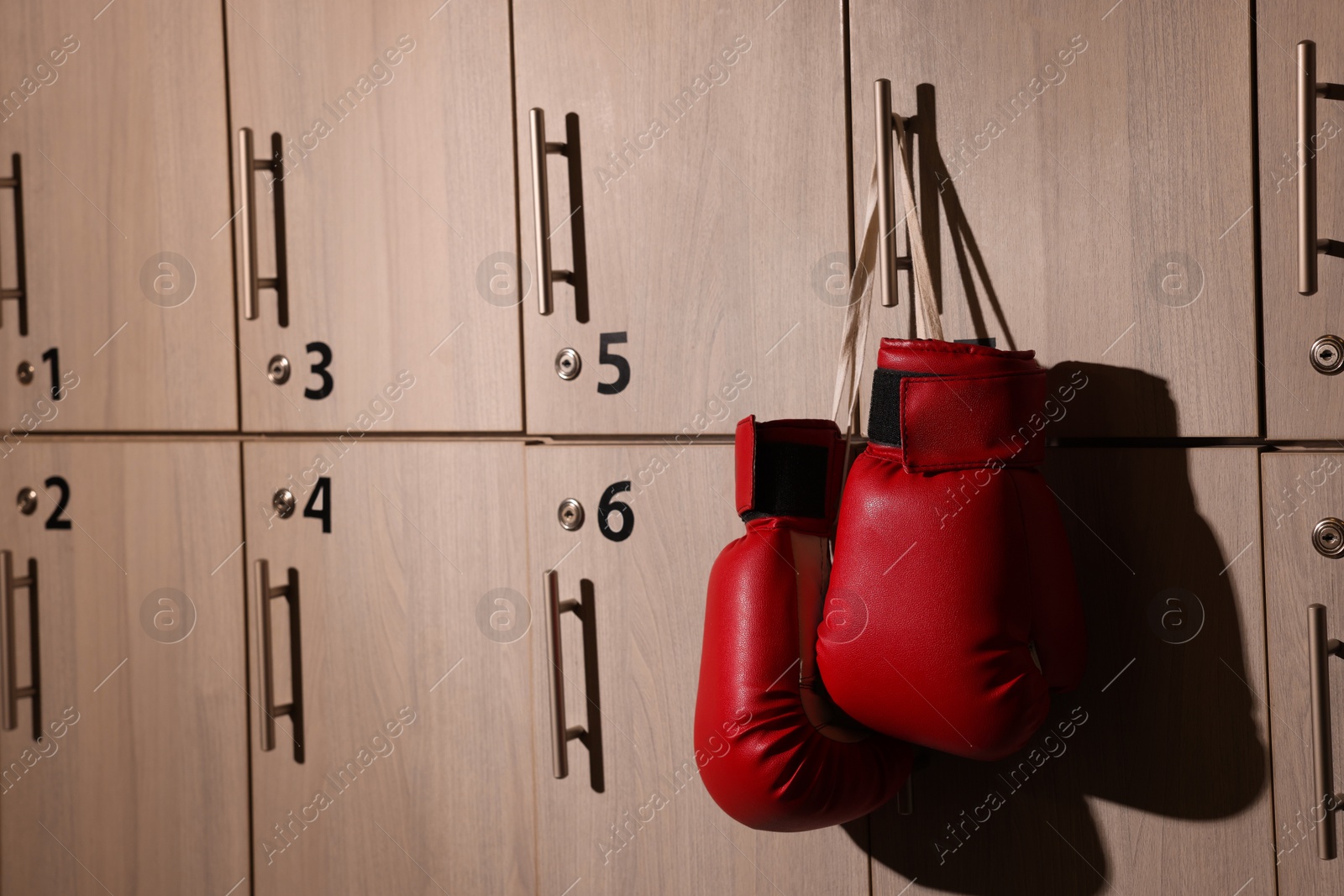 Photo of Red boxing gloves hanging on locker door in changing room. Space for text