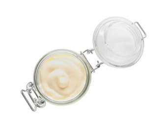 Photo of Mayonnaise in glass jar isolated on white, top view