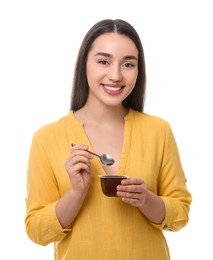Photo of Happy woman with tasty yogurt on white background