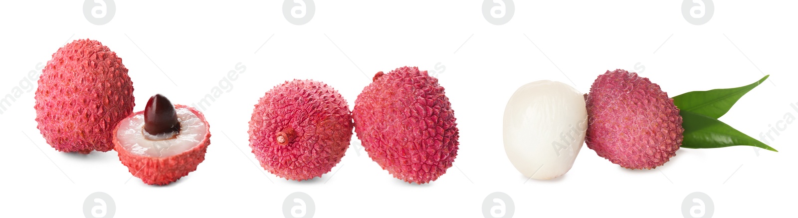 Image of Set of delicious fresh lychees on white background. Banner design 