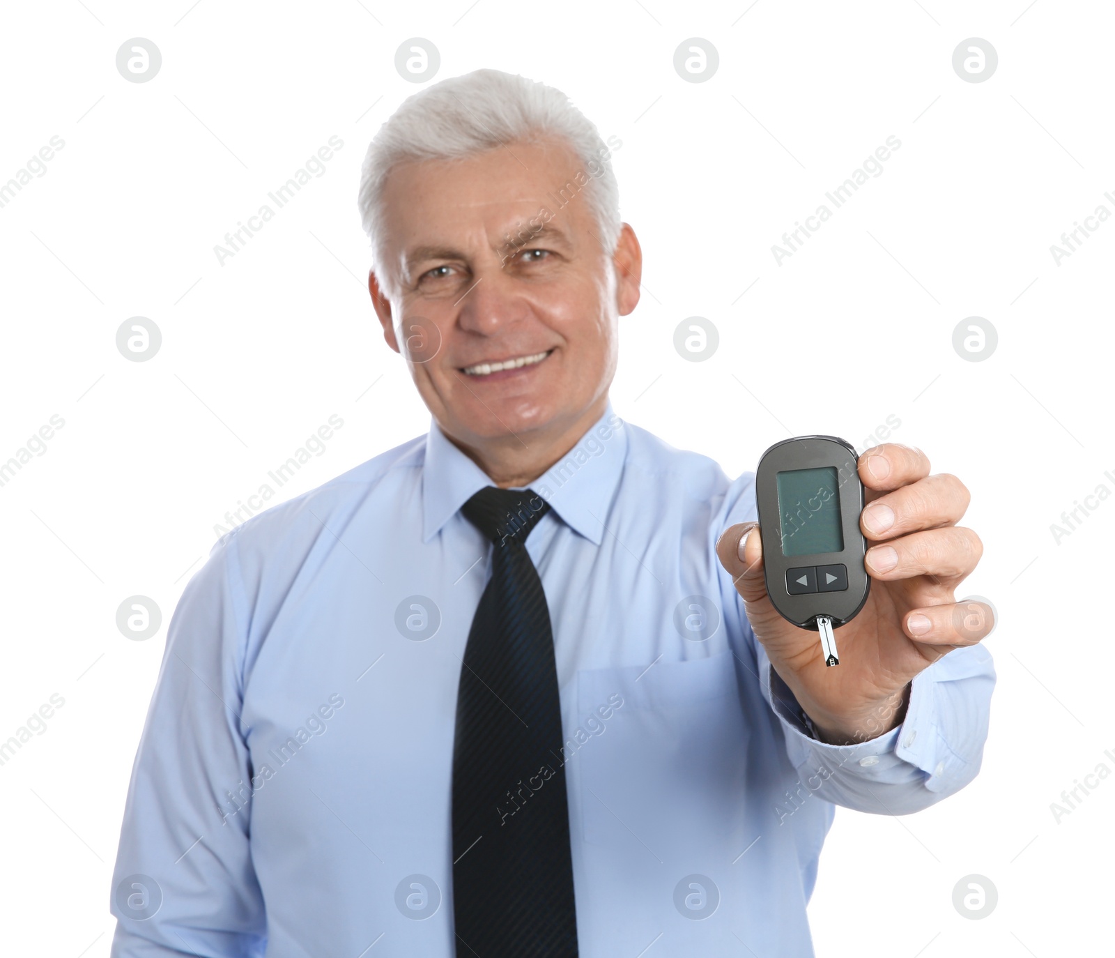 Photo of Senior man holding glucometer on white background. Diabetes control