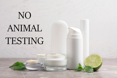 Image of Cosmetic products and text NO ANIMAL TESTING on light background