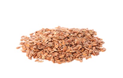 Photo of Pile of linseeds on white background. Vegetable planting