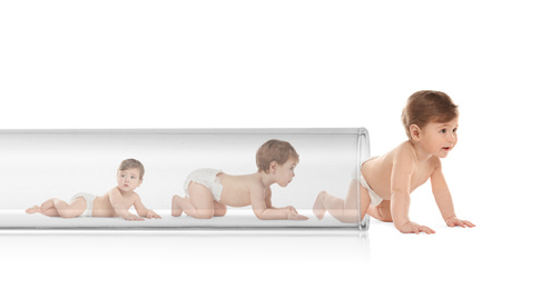 Image of Little baby getting out of test tube on white background