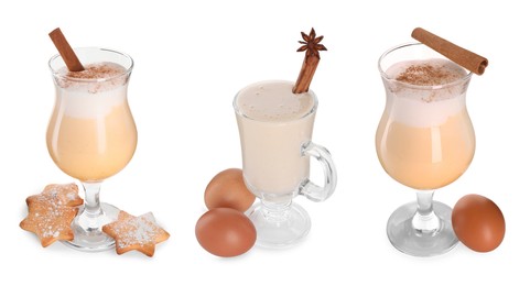 Delicious eggnog in glasses isolated on white, set