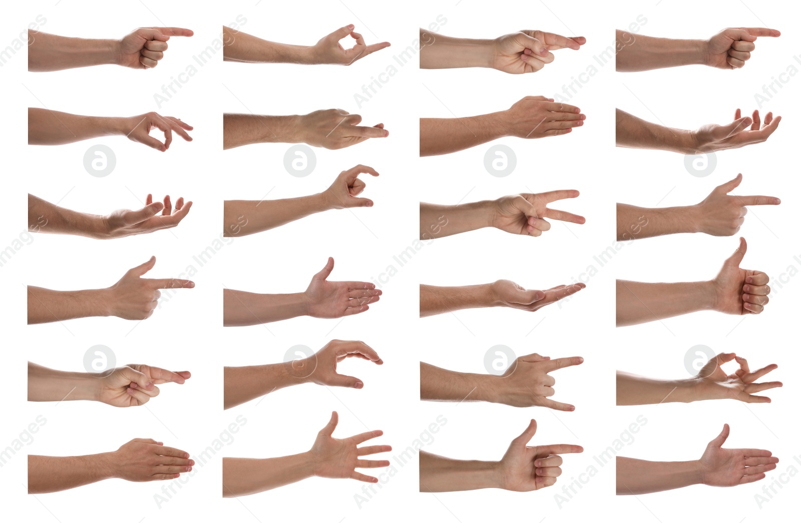 Image of Collage with man showing different gestures on white background, closeup view of hands