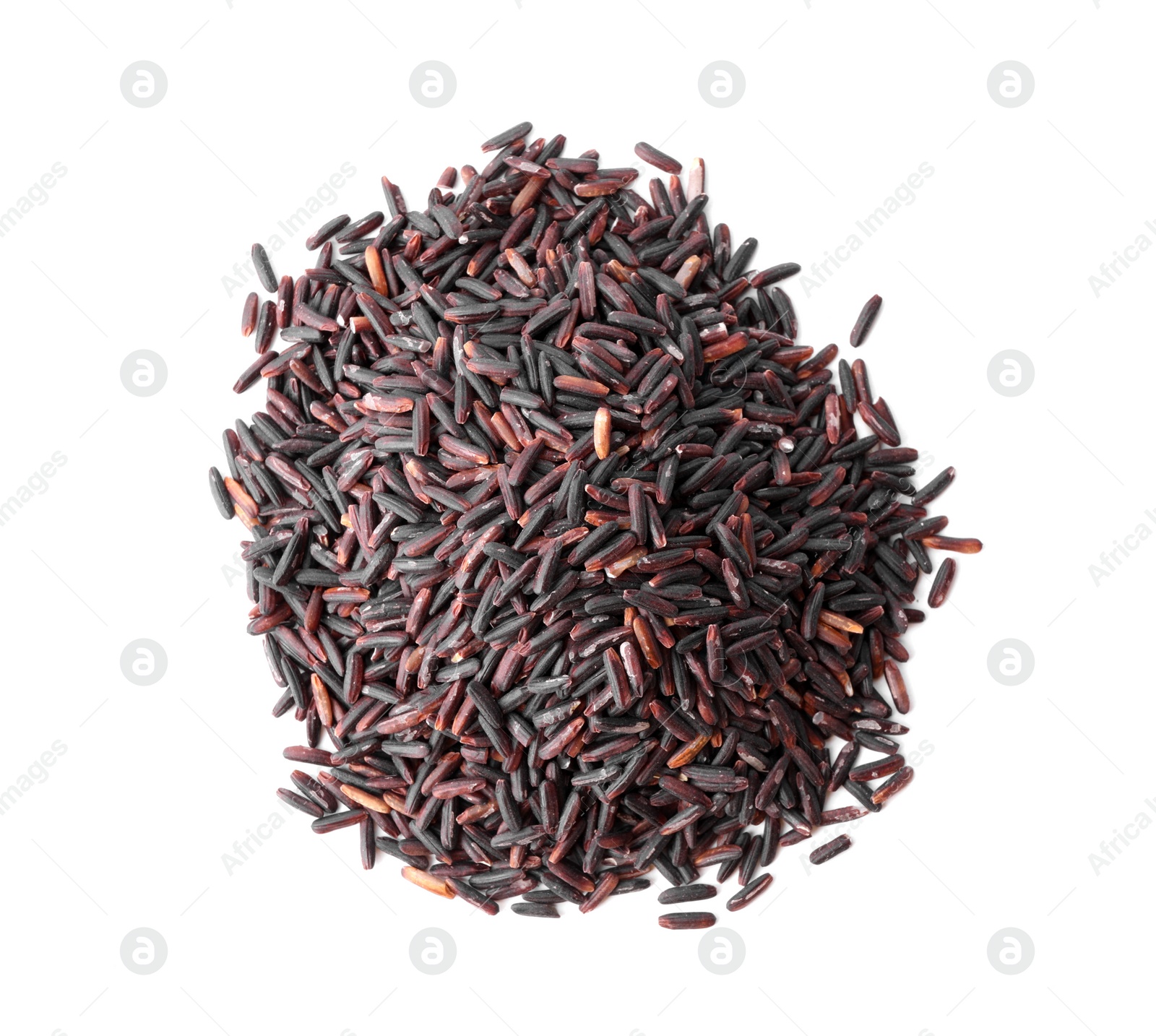 Photo of Uncooked organic brown rice isolated on white, top view